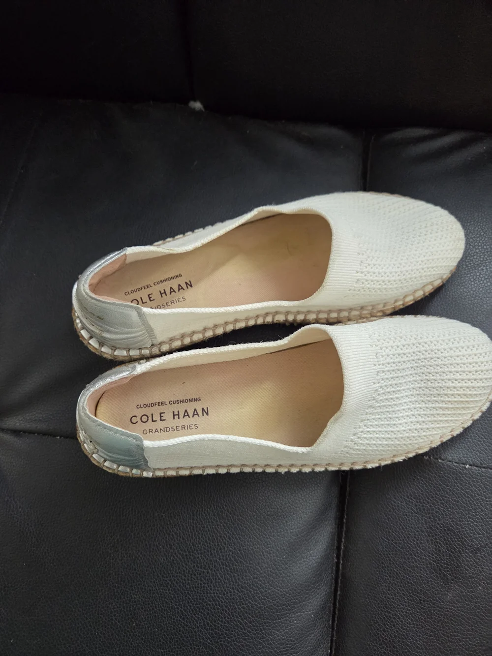 Cole Haan Ivory Knit Espadrilles with Metallic Heel Accent